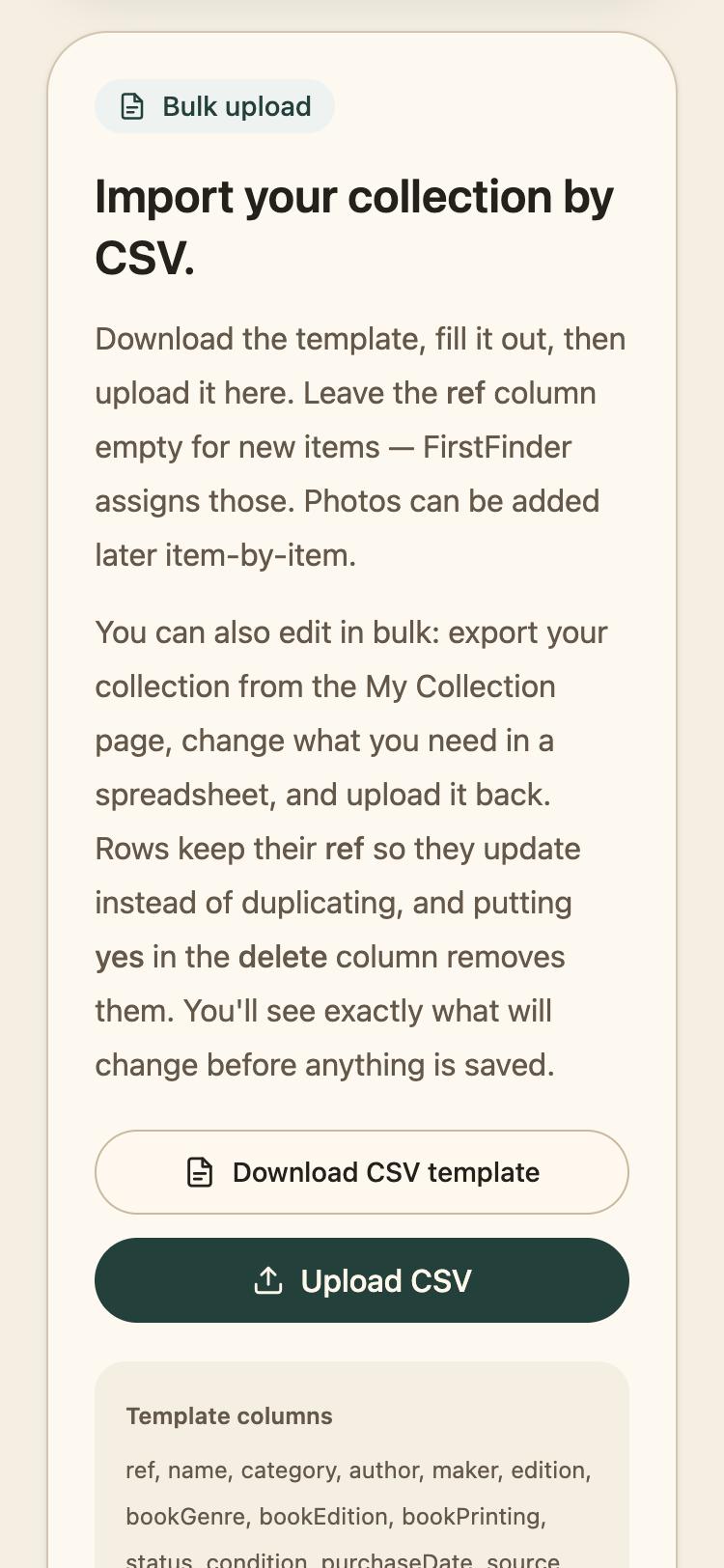 The Bulk upload card, Import your collection by CSV, with Download CSV template and Upload CSV buttons.