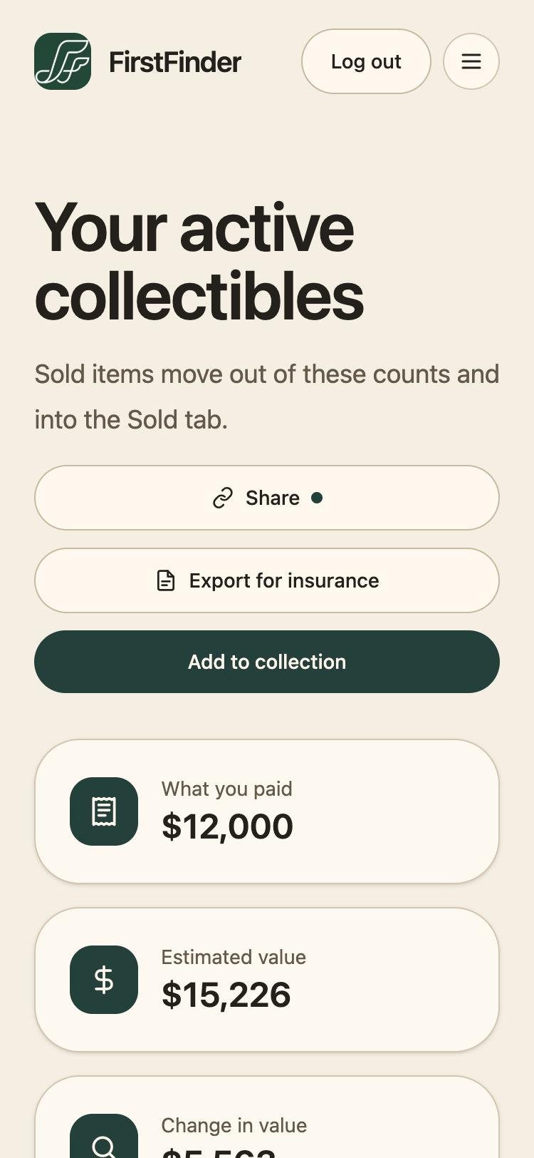 The My Collection page with Share, Export for insurance, and Add to collection buttons, above totals for what you paid and estimated value.