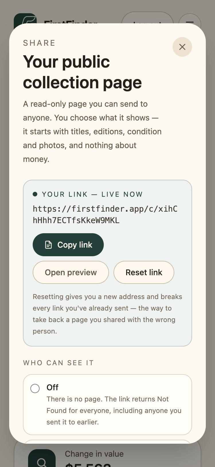 The share dialog showing the live link with Copy link, Open preview, and Reset link buttons, and the Who can see it choices.