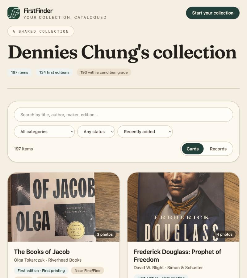 A public shared collection page with item counts, a search and filter bar, and cards with cover photos.