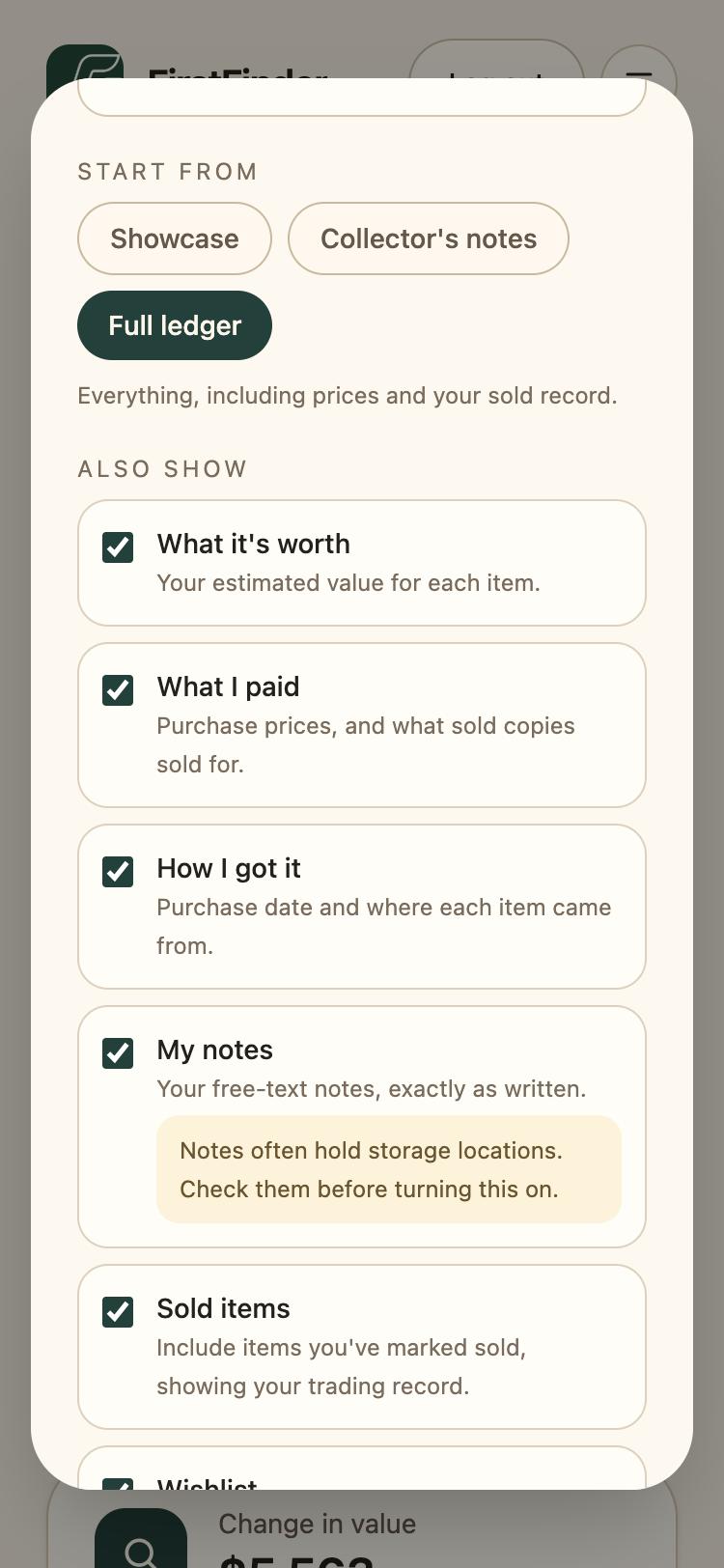 The Start from presets and the Also show switches: What it's worth, What I paid, How I got it, My notes, and Sold items.