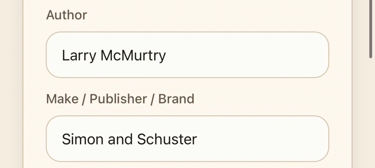 The Author field filled in as Larry McMurtry and Make / Publisher / Brand as Simon and Schuster.