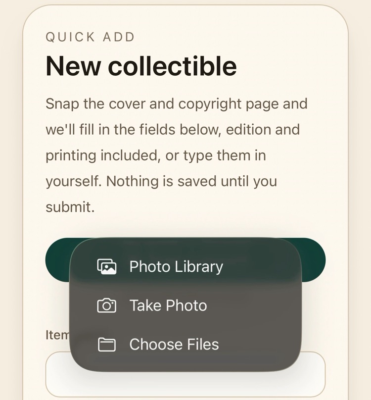 The phone's menu over the Snap a picture button, offering Photo Library, Take Photo, and Choose Files.