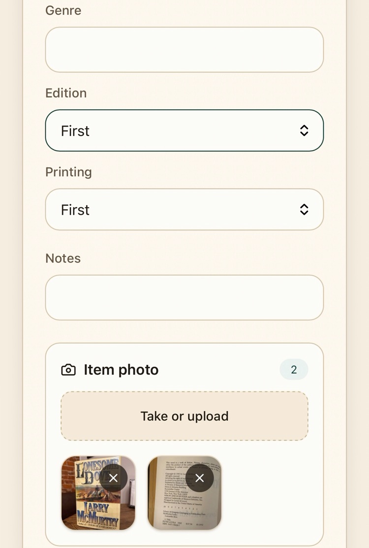 Edition and Printing both set to First, and the Item photo section holding the cover and copyright page photos.