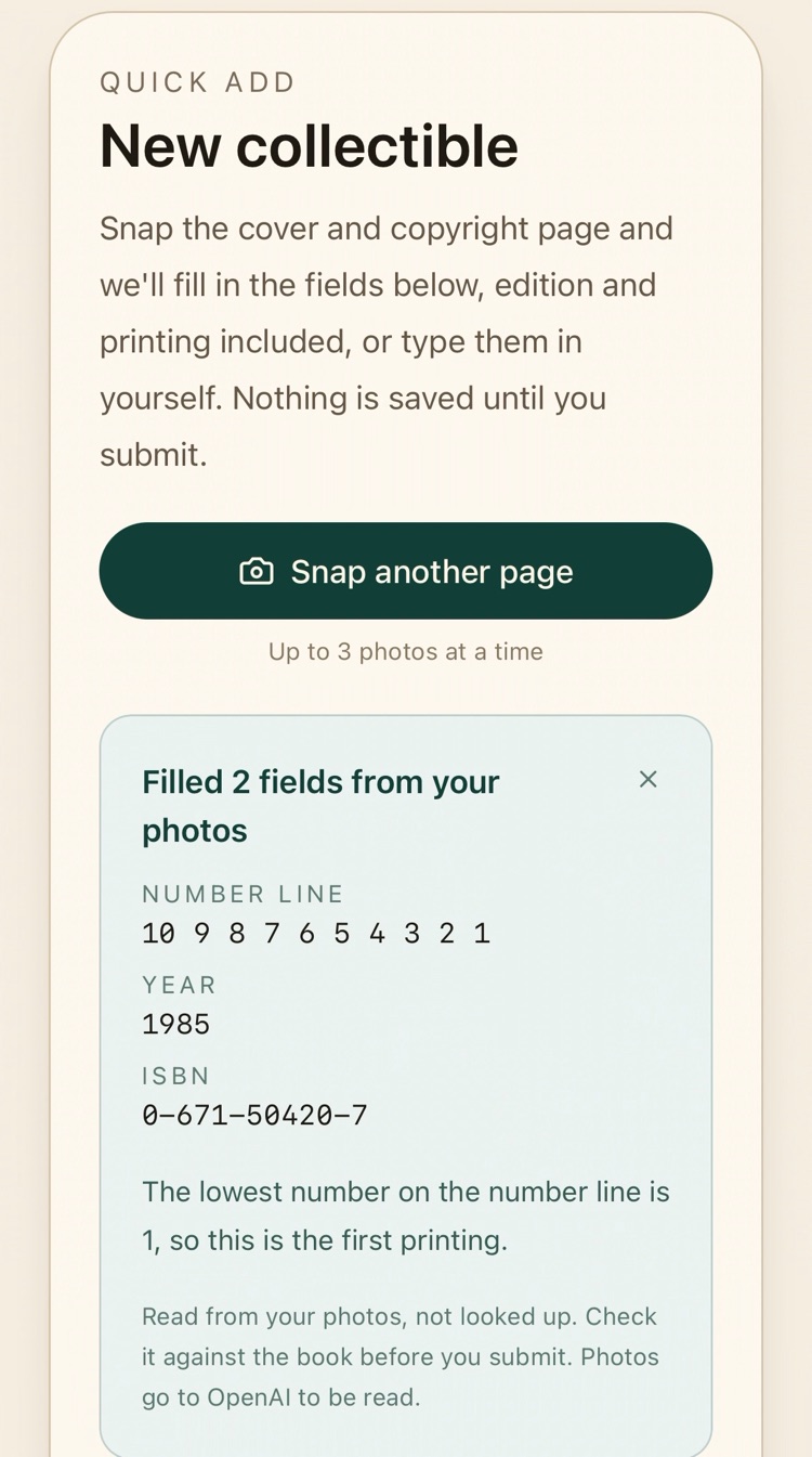 The scan panel listing Number line 10 9 8 7 6 5 4 3 2 1, Year 1985, ISBN 0-671-50420-7, and the reason: The lowest number on the number line is 1, so this is the first printing.
