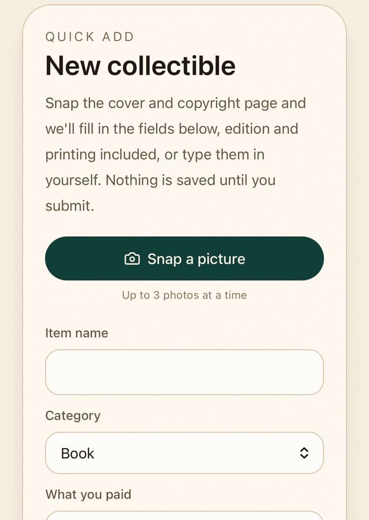The Quick Add card, New collectible, with a Snap a picture button above empty Item name, Category, and What you paid fields.