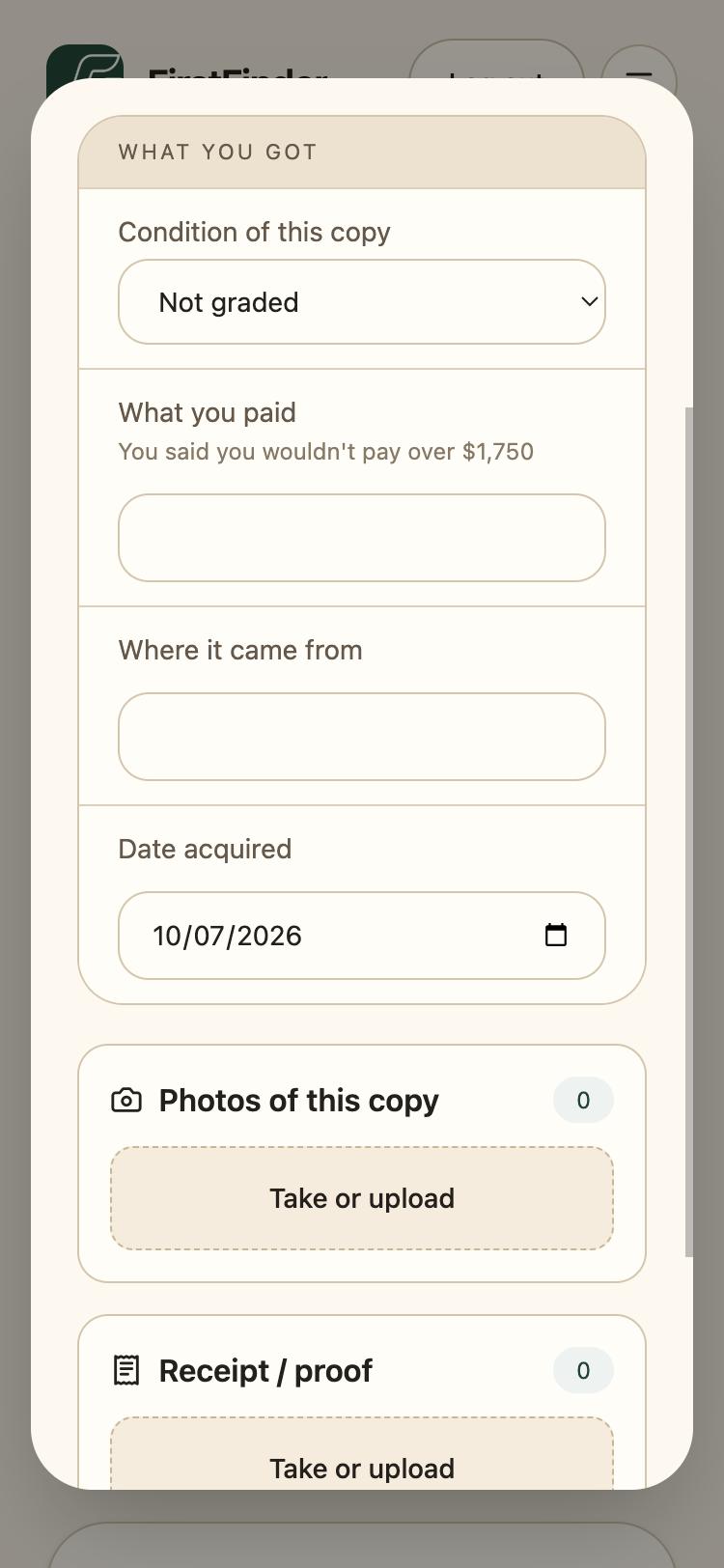 The lower half of the Found it dialog with Photos of this copy and Receipt / proof upload areas.